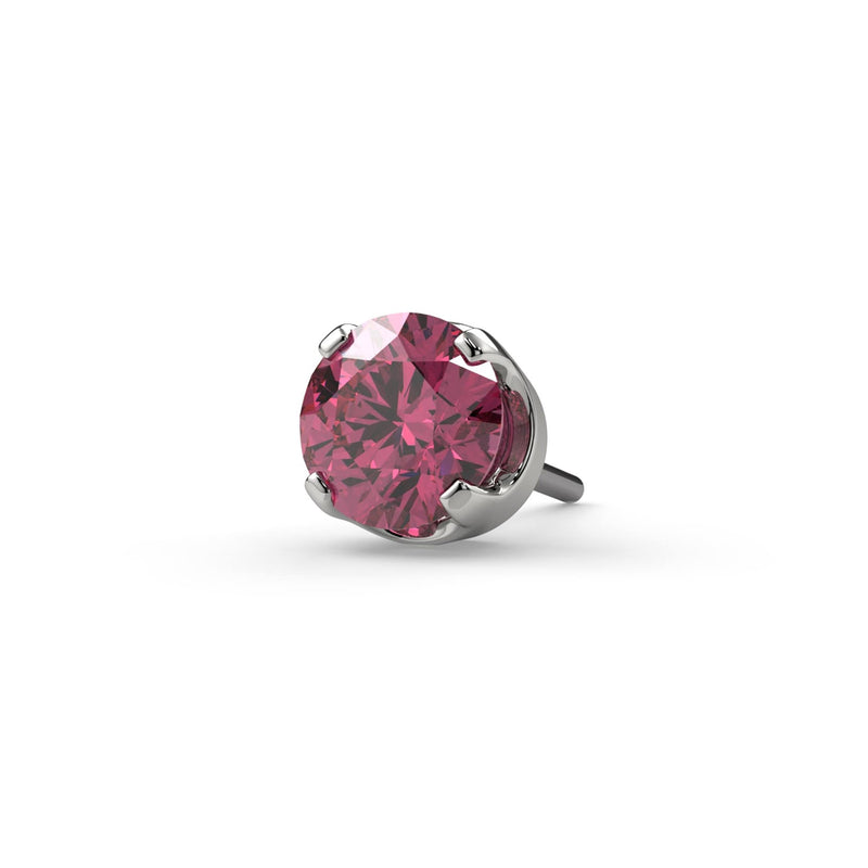 Close-up of 2.5mm pink diamond push-pin end in 14k white gold prong setting, end-only view