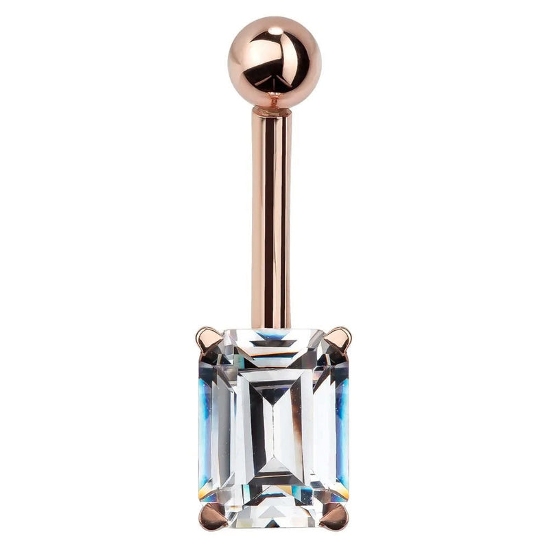 14k rose gold navel ring with 8x6mm emerald-cut cubic zirconia in prong basket, front view