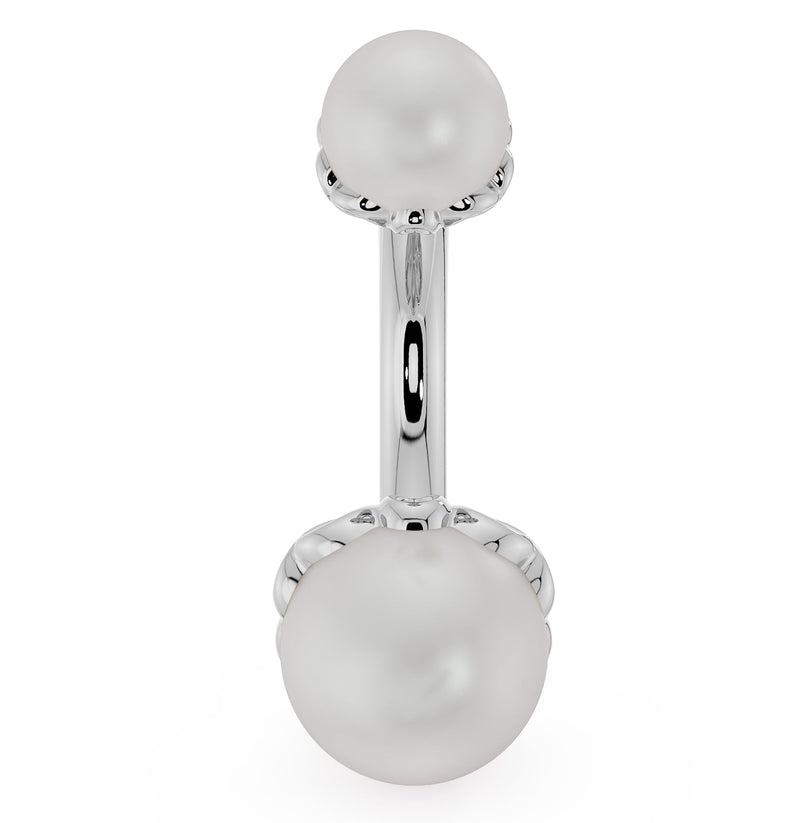 14k white gold Akoya pearl belly ring front view with dual lustrous white pearls in scroll setting