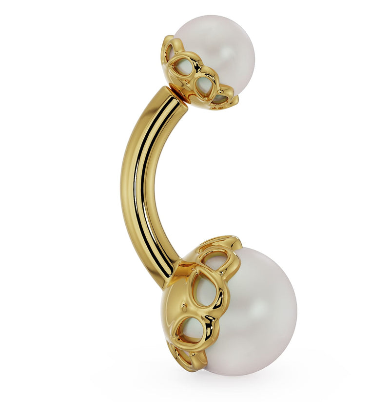 14k yellow gold Akoya pearl belly ring side view showing ornate scroll setting detail on both ends