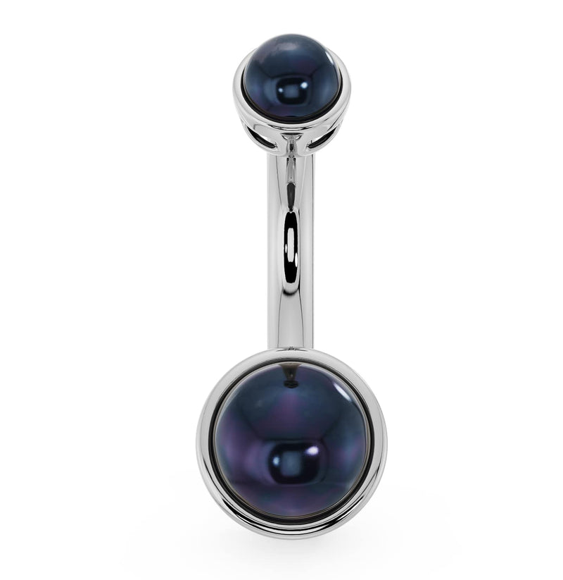 Black Akoya pearl bezel-set navel ring in 14k white gold, front view showing dual pearl bezel setting