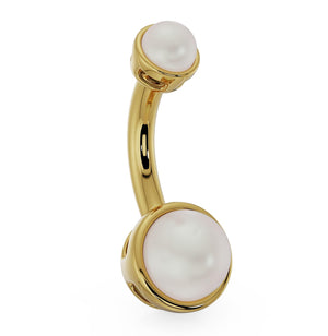 14k yellow gold Akoya pearl bezel navel ring, angled side view showing barbell curve