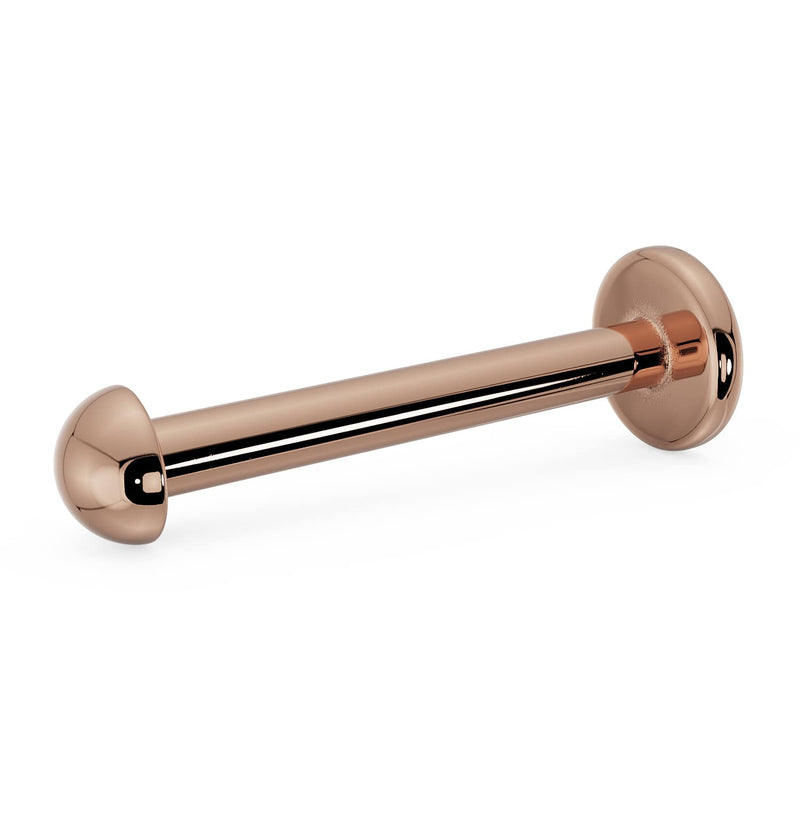 14K rose gold 2mm dome flat back labret with polished finish, angled view showing post and disc