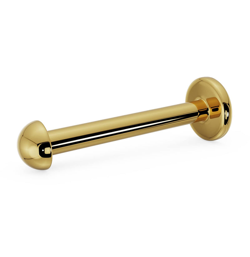 14K yellow gold 2mm dome flat back labret showing post and flat disc backing, angled view