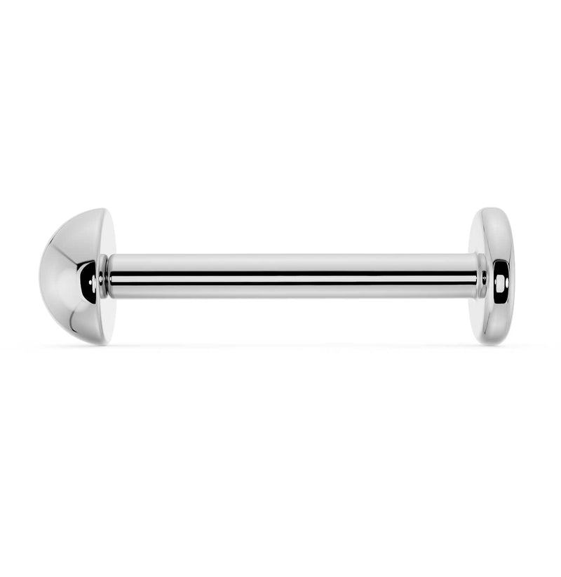 14k white gold dome threadless end shown assembled on flat back labret post, front view