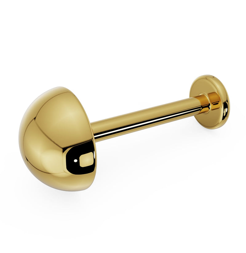 14k yellow gold 5mm dome flat back labret showing polished half-ball charm and post, angled view