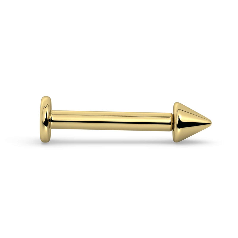 14k yellow gold spike labret stud shown horizontally, flat back on left and spike tip on right