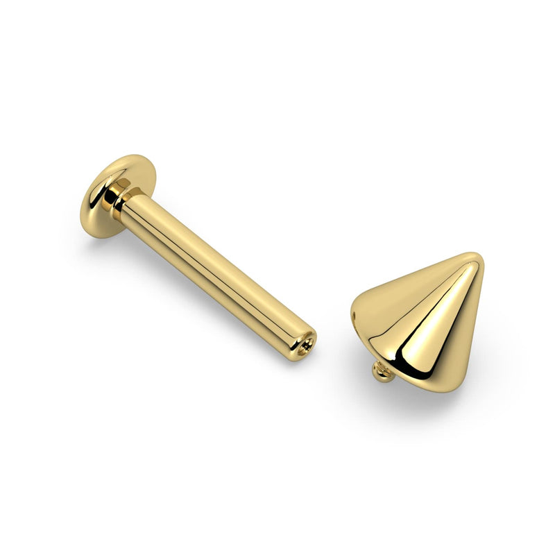14K yellow gold spike labret stud disassembled, showing separate flat-back post and cone top