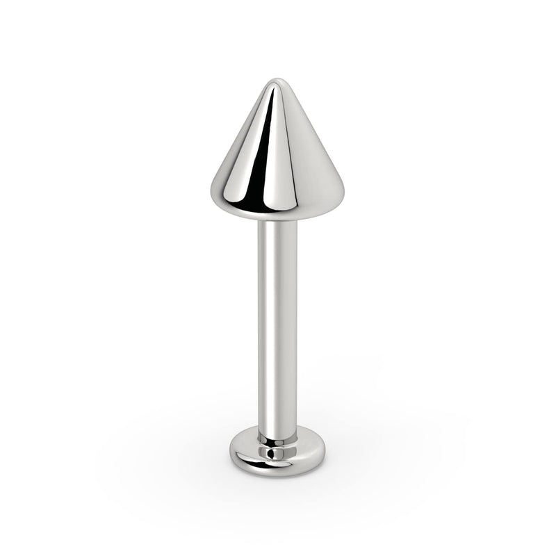 14K white gold spike labret stud, front view highlighting polished cone and flat backing