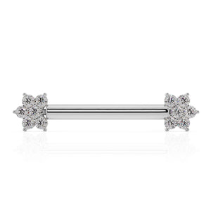 14k white gold diamond flower nipple barbell, front view with dual 6-diamond flower ends