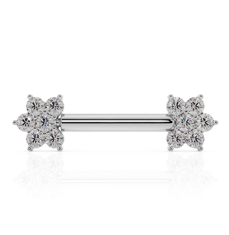 14k white gold CZ flower nipple straight barbell with dual sparkle clusters, front view