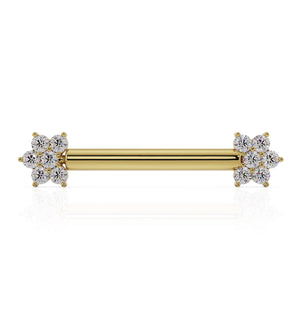 14k yellow gold CZ flower nipple barbell with dual 6-stone cluster ends, front view