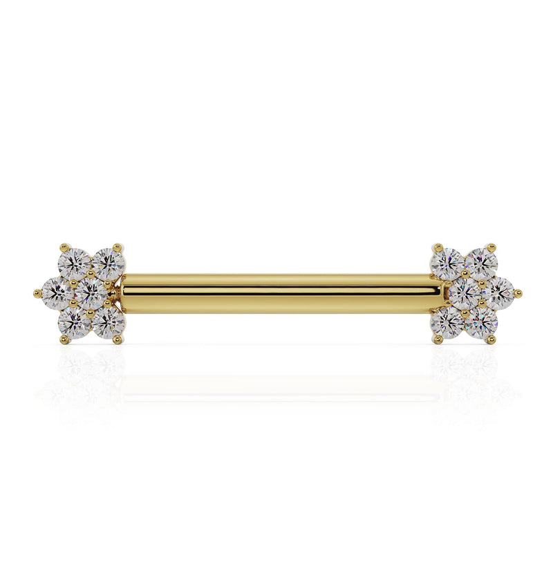 14k yellow gold diamond flower nipple barbell, front view showing dual prong-set flower ends