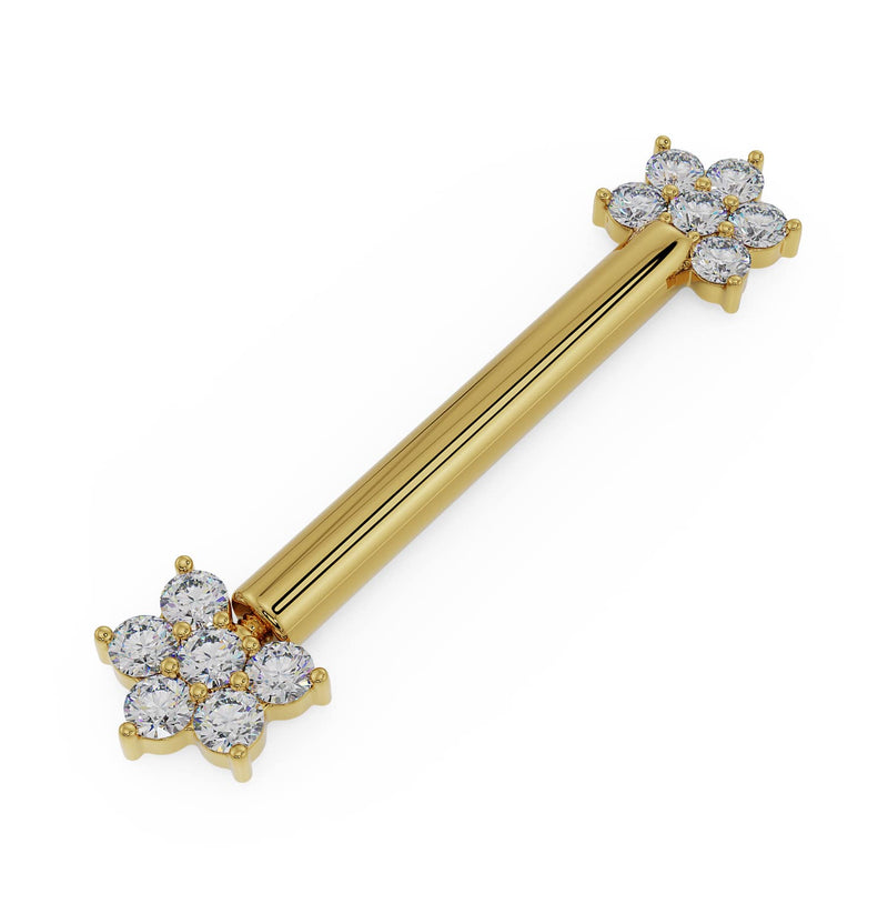 14k yellow gold CZ flower nipple barbell at an angle showing barbell length and gold sheen
