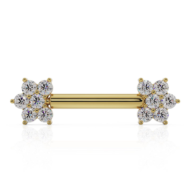 14k yellow gold straight nipple barbell with dual CZ flower ends, zoomed-out front view showing full length