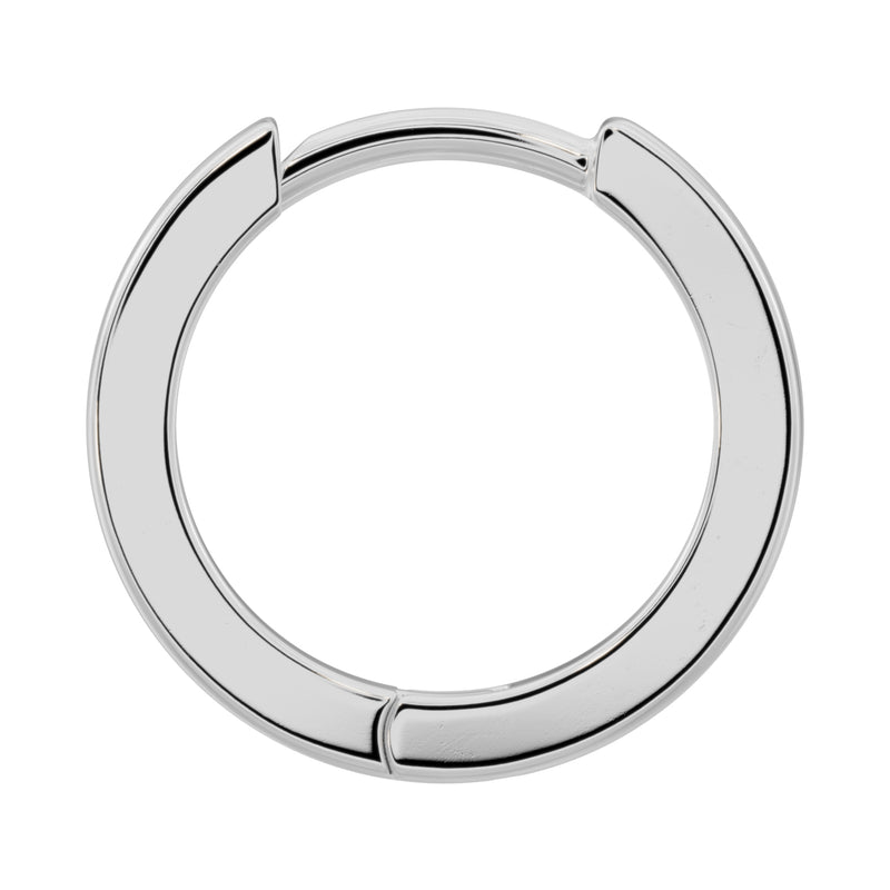 14k white gold 10mm huggie hoop earring, single front view highlighting polished flat band and hinge