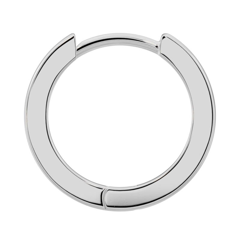 Front view of single 14k white gold huggie hoop earring showing polished flat-face and hinge clasp