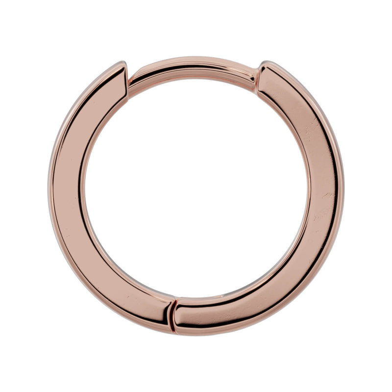 14k rose gold 8mm huggie hoop earring, single front view showing polished finish and hinge