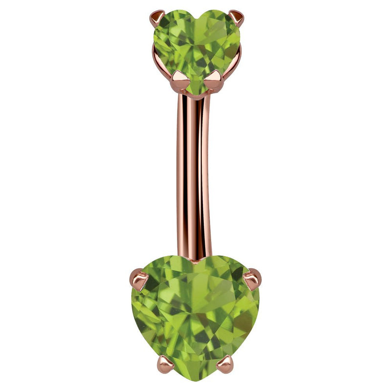 14k rose gold belly ring with dual light green CZ heart stones in prong settings, front view