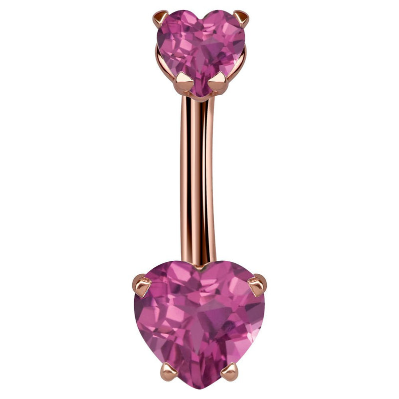 14k rose gold belly ring with dual pink CZ heart stones in four-prong settings, front view