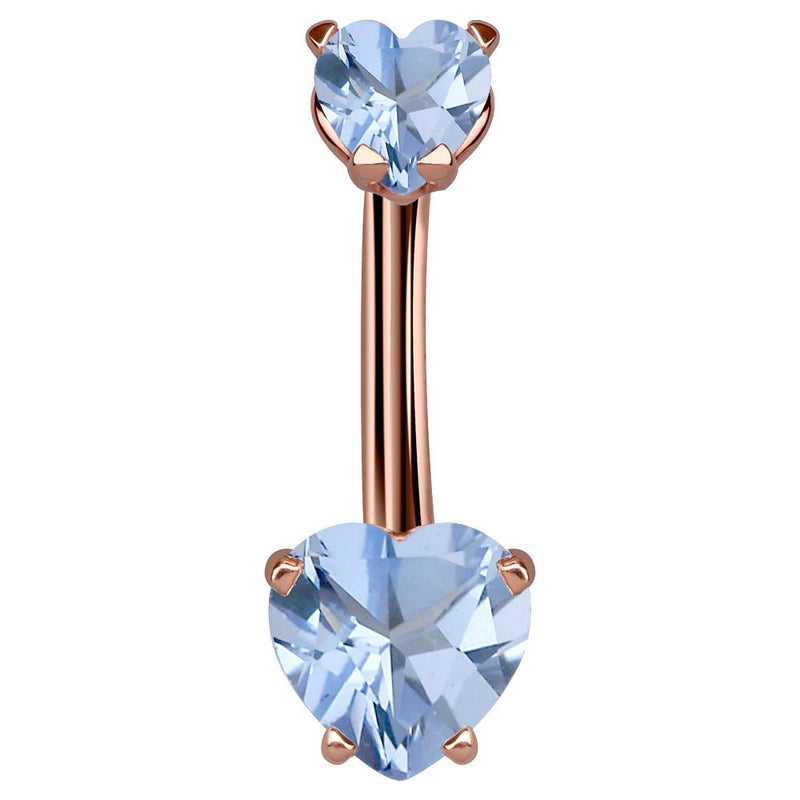 14k rose gold navel ring with dual light blue CZ heart stones in prong settings, front view