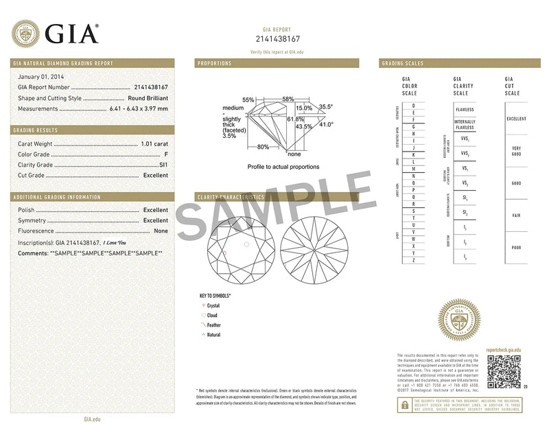 Sample GIA natural diamond grading report showing cut, color, clarity, and carat weight