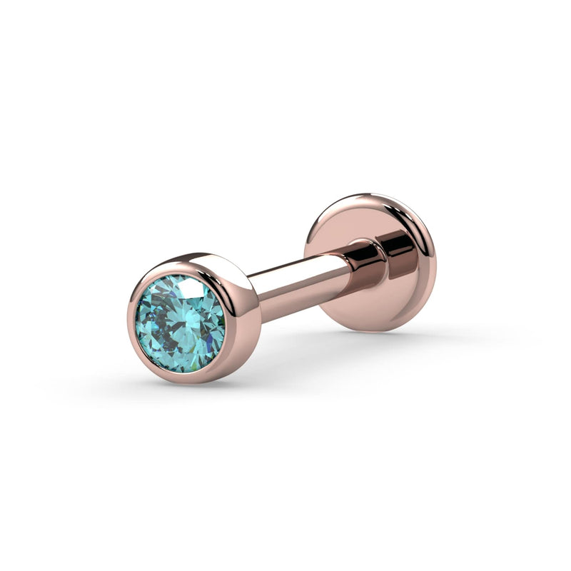 14k rose gold 2mm aqua diamond bezel flat back labret stud, angled view showing smooth bezel setting