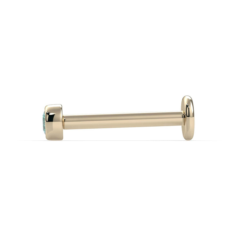 Side profile of 14k yellow gold aqua diamond bezel flat back stud showing full post length and disc