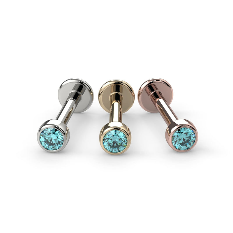 2mm aqua diamond bezel flat back stud in white gold, yellow gold, and rose gold side-by-side comparison