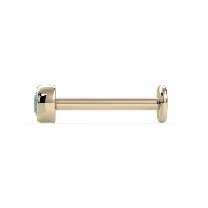 Side profile of 14K yellow gold aqua diamond flat back labret showing full post length and flat disc