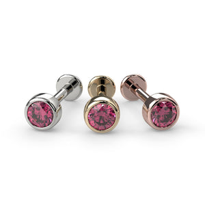 3mm pink diamond bezel labret stud in all three 14k gold options: white gold, yellow gold, and rose gold