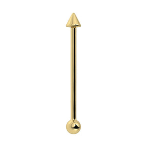 14K yellow gold industrial barbell with spike top and ball end, vertical front view