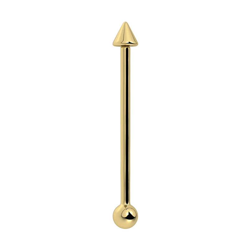 14K yellow gold industrial barbell with spike top and ball end, vertical front view