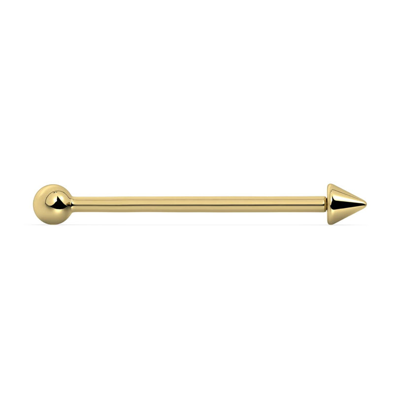 14K yellow gold spike and ball industrial barbell, straight horizontal profile view