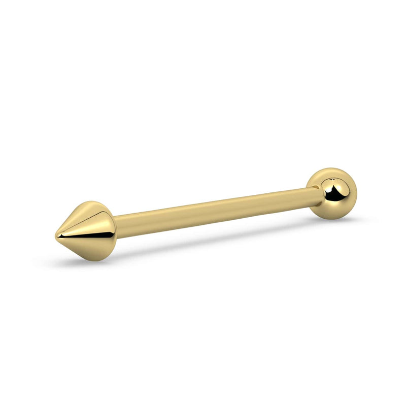 14K yellow gold spike and ball industrial barbell, angled side view showing asymmetric ends