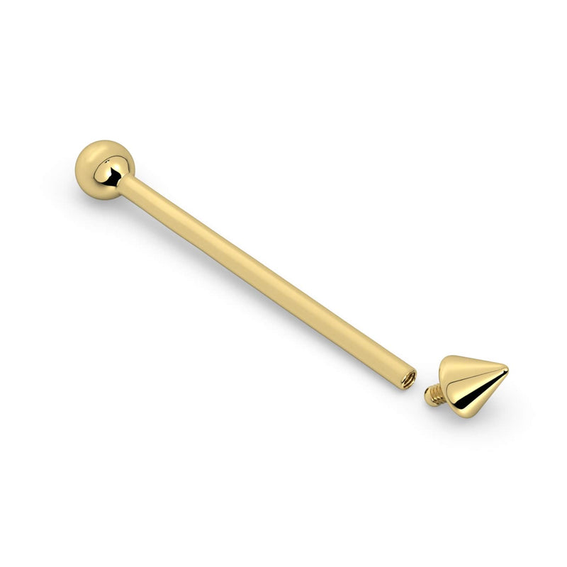14K yellow gold industrial barbell with spike end detached, showing internally threaded assembly