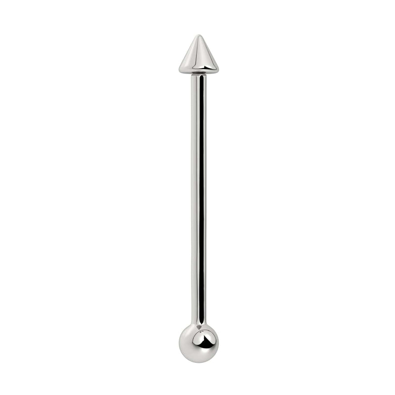14K white gold spike and ball industrial barbell, vertical front view showing polished finish