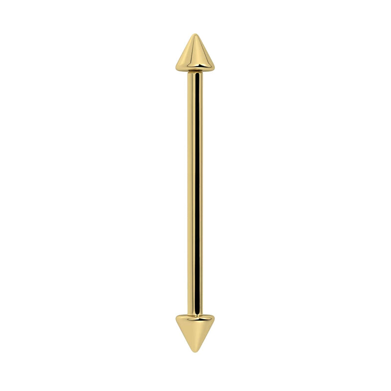14k yellow gold spike industrial barbell with dual cone ends, vertical front view showing full length