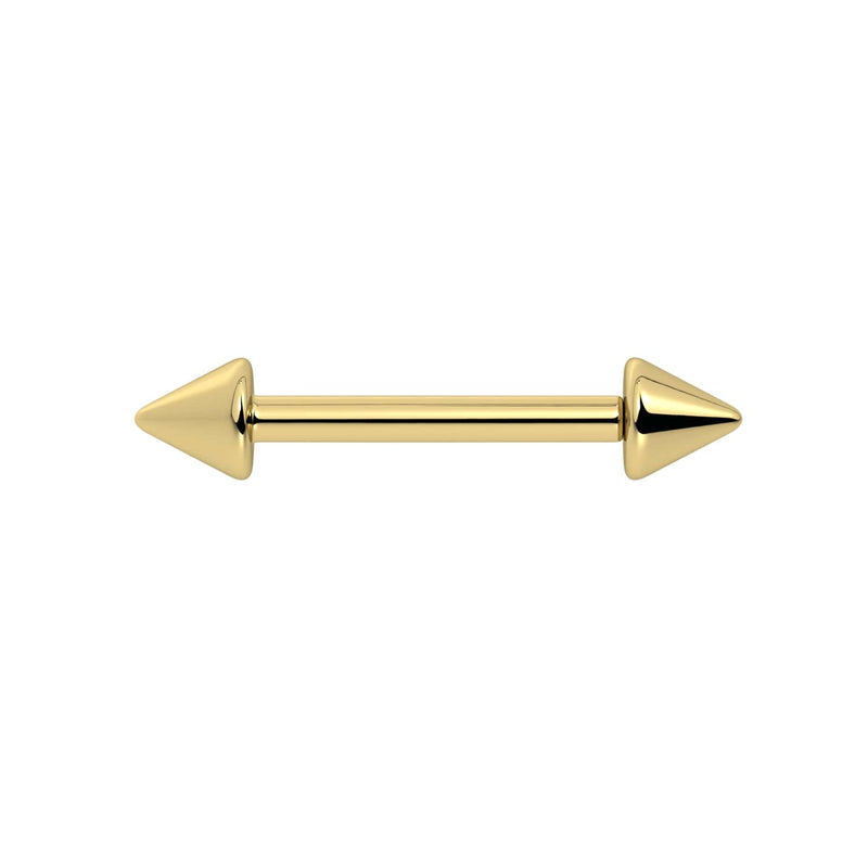 14k yellow gold double spike straight barbell, front view showing polished cone ends and cylindrical post