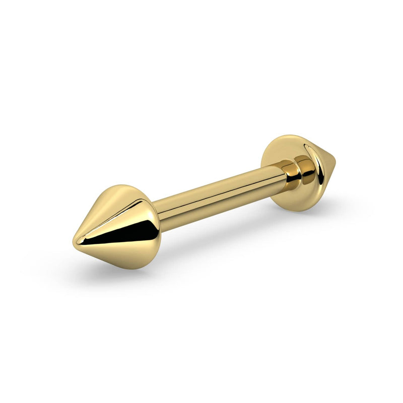 Angled view of 14k yellow gold spike straight barbell showing cone spike detail and flat disc end