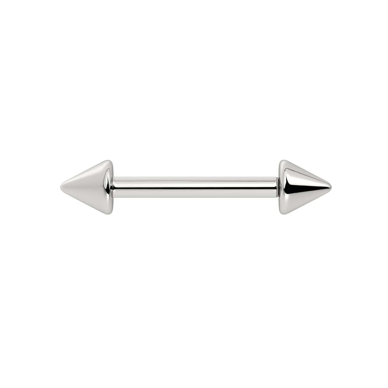 14k white gold spike straight barbell with double cone ends, front view showing cool-toned polish