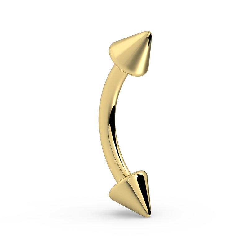 14K yellow gold spike curved barbell, straight-on side view ideal for rook or eyebrow piercing fit reference