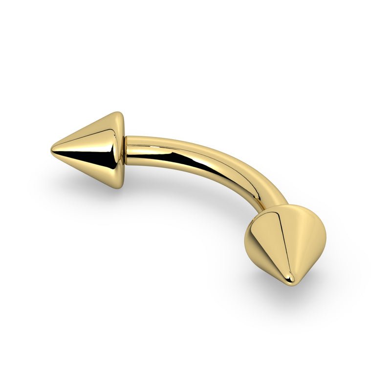 14K yellow gold spike curved barbell, angled side view showing both pointed cone ends and curved shaft