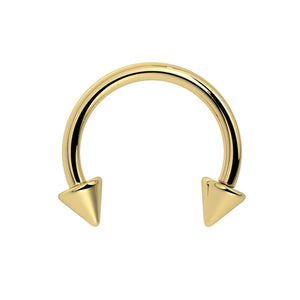 14K yellow gold spike circular barbell horseshoe, front view on white background