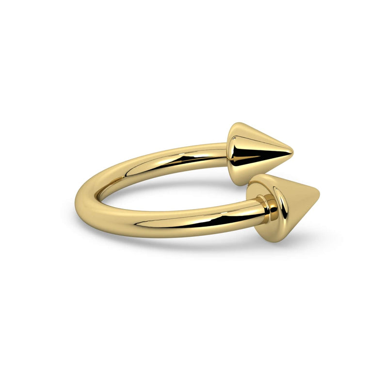 14K yellow gold spike horseshoe barbell, angled side profile showing both cone ends