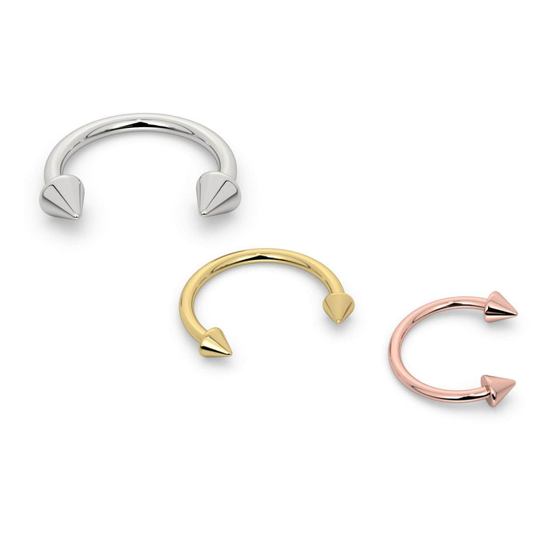 Spike circular barbell in all three metal options: 14K white, yellow, and rose gold