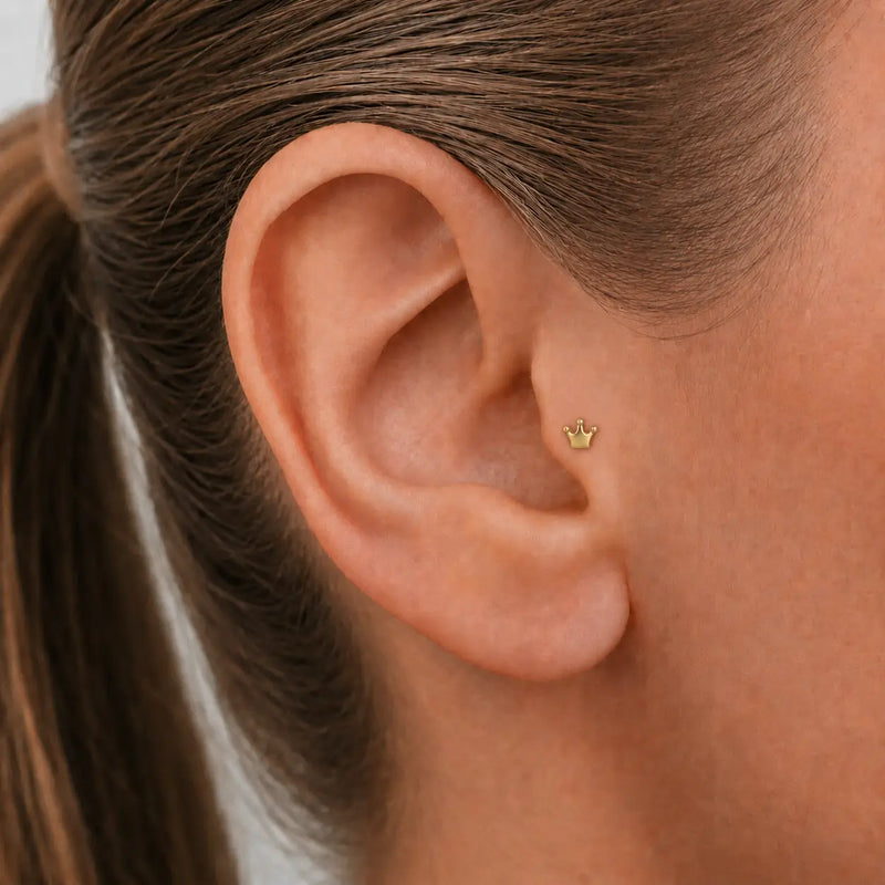 Model close-up of an woman's nose with a solid gold droplet flat back earring et stud in her tragus piercing.