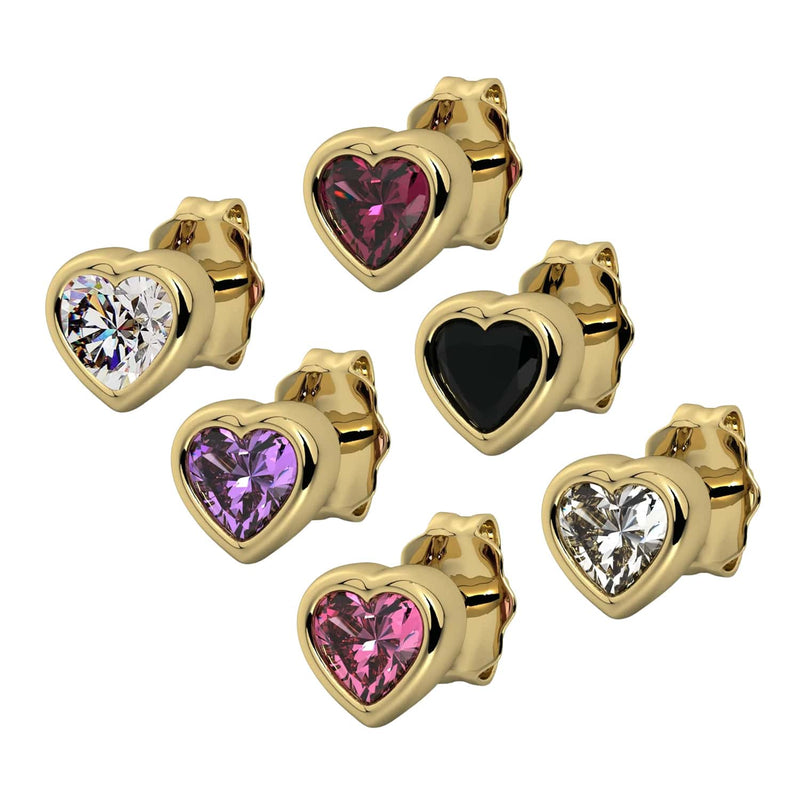 14k yellow gold gemstone heart studs in six colors: diamond, rhodolite, amethyst, onyx, pink sapphire, white sapphire