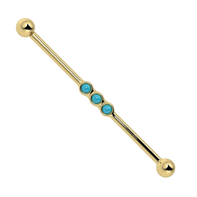 14k yellow gold industrial barbell with three bezel-set turquoise cabochons, front view