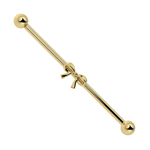 14k yellow gold bow industrial barbell with sculpted center bow accent, front view on white